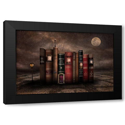 Night Library Black Modern Wood Framed Art Print by Vekemans, Muriel