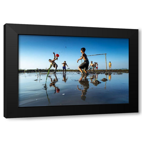 Play Football Black Modern Wood Framed Art Print by Puji Anggriawan, Prianto