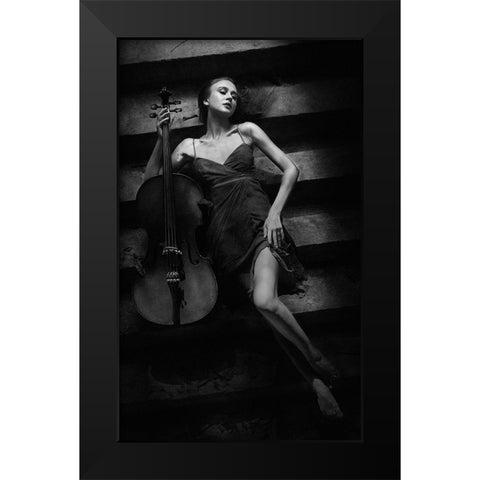 The Cellist Black Modern Wood Framed Art Print by Kisworo, Sebastian