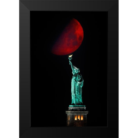 Statue Of Liberty And Moonset Black Modern Wood Framed Art Print by Zhu, Hua
