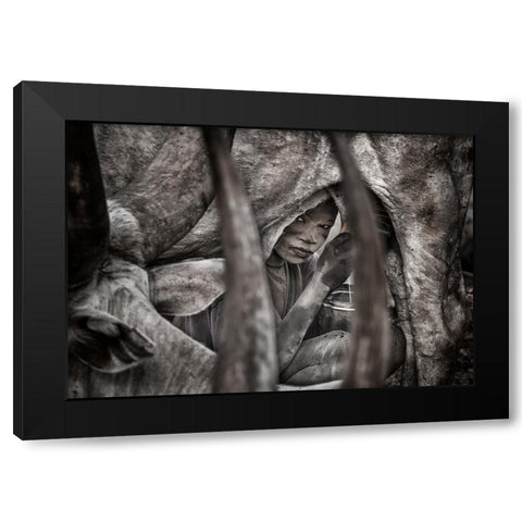 Mundari Child Milking A Cow-II - South Sudan Black Modern Wood Framed Art Print with Double Matting by Inazio Kuesta, Joxe