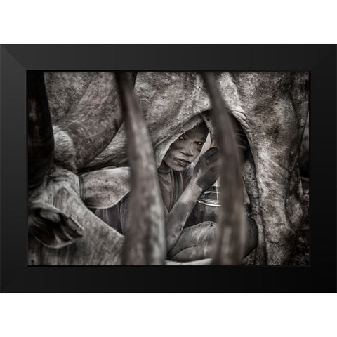 Mundari Child Milking A Cow-II - South Sudan Black Modern Wood Framed Art Print by Inazio Kuesta, Joxe