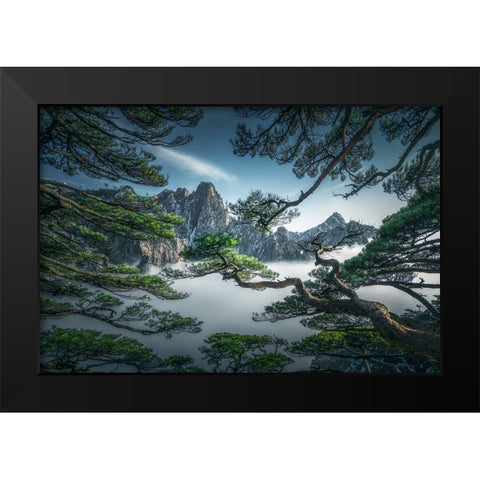 Strange Pine Tree In Yellow Mountain Black Modern Wood Framed Art Print by Ye, Ningyun