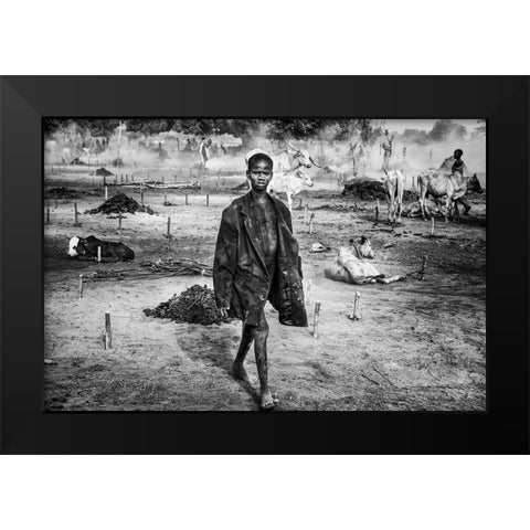 A Scene Of Life In A Mundari Cattle Camp - South Sudan Black Modern Wood Framed Art Print by Inazio Kuesta, Joxe