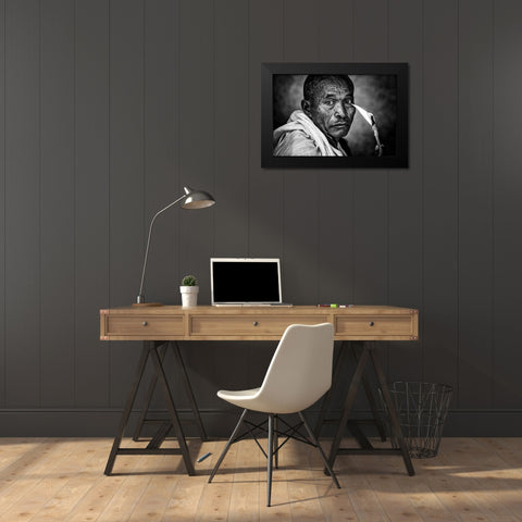 Ethiopian Man Holding A Lit Candle In A Religious Ceremony. Black Modern Wood Framed Art Print by Inazio Kuesta, Joxe