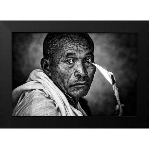 Ethiopian Man Holding A Lit Candle In A Religious Ceremony. Black Modern Wood Framed Art Print by Inazio Kuesta, Joxe