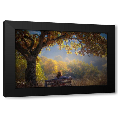 Woman Sitting On A Bench Under A Tree And Facing A Yellow Autumn Black Modern Wood Framed Art Print with Double Matting by Oprea, Vio