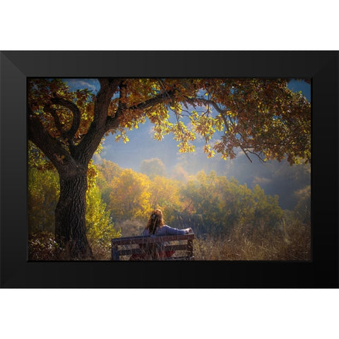 Woman Sitting On A Bench Under A Tree And Facing A Yellow Autumn Black Modern Wood Framed Art Print by Oprea, Vio