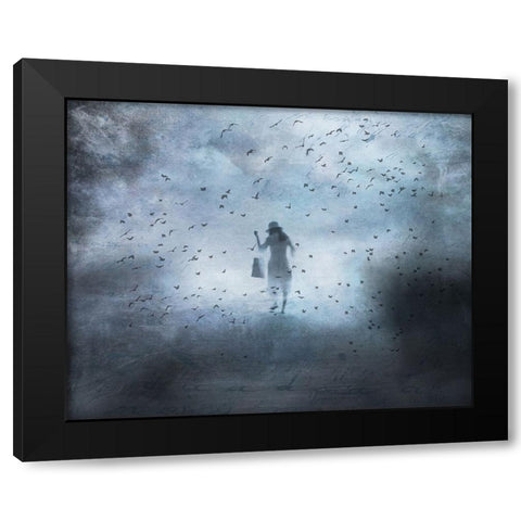Girl And Bird Black Modern Wood Framed Art Print with Double Matting by Lammakmak