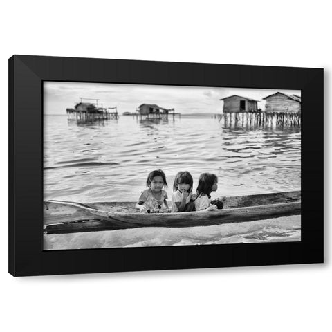 Three Girls In A Canoe Black Modern Wood Framed Art Print with Double Matting by Long, Kieron