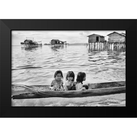 Three Girls In A Canoe Black Modern Wood Framed Art Print by Long, Kieron