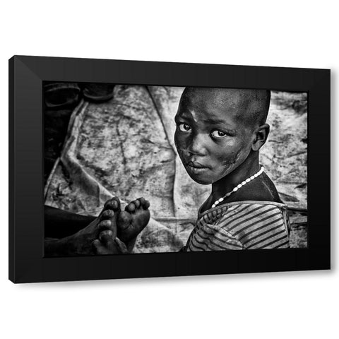 Larim Tribe Girl Massaging Feet - South Sudan Black Modern Wood Framed Art Print by Inazio Kuesta, Joxe