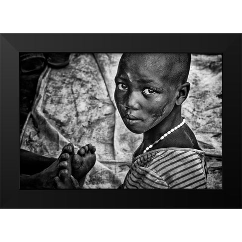 Larim Tribe Girl Massaging Feet - South Sudan Black Modern Wood Framed Art Print by Inazio Kuesta, Joxe