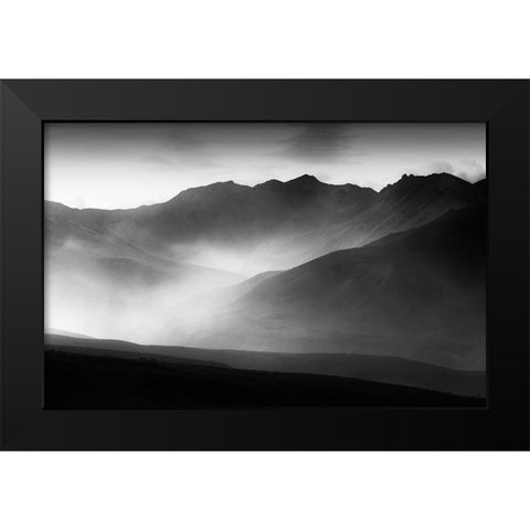 A Mountain Morning Black Modern Wood Framed Art Print by He, Mike