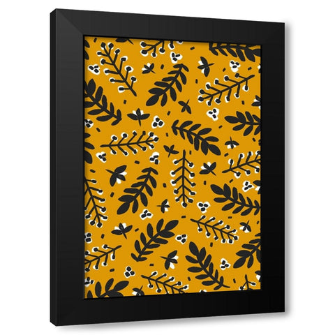 Branches And Berries (Yellow) Black Modern Wood Framed Art Print by Treechild