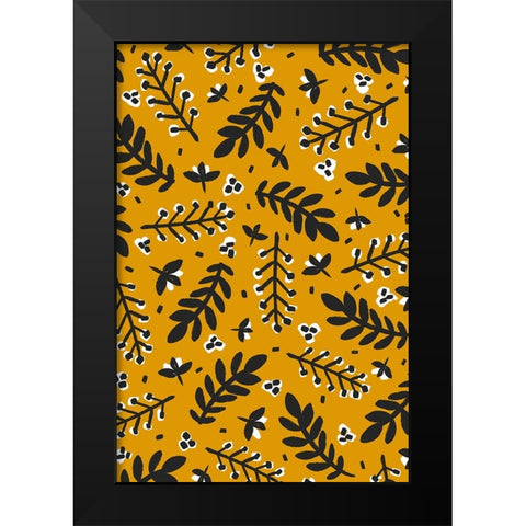 Branches And Berries (Yellow) Black Modern Wood Framed Art Print by Treechild