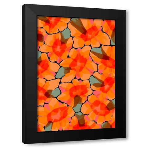 Orange Big Flowers Black Modern Wood Framed Art Print with Double Matting by Treechild