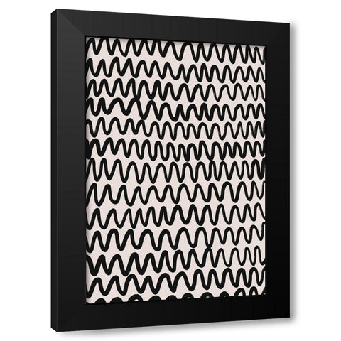 Thin Black Waves Pattern Black Modern Wood Framed Art Print with Double Matting by Treechild