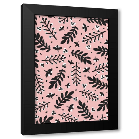 Branches And Berries (Pink) Black Modern Wood Framed Art Print with Double Matting by Treechild