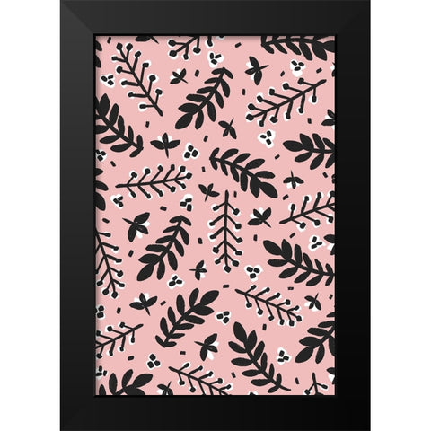 Branches And Berries (Pink) Black Modern Wood Framed Art Print by Treechild