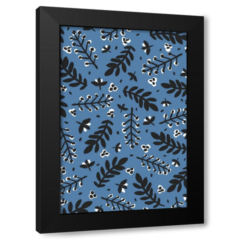 Branches And Berries (Blue) Black Modern Wood Framed Art Print by Treechild