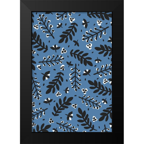 Branches And Berries (Blue) Black Modern Wood Framed Art Print by Treechild