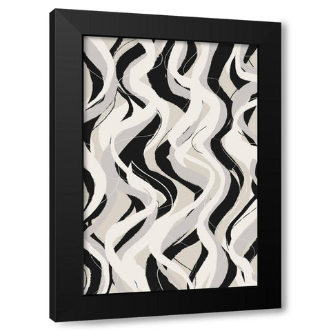 Beige Grey Black Waves Pattern Black Modern Wood Framed Art Print with Double Matting by Treechild