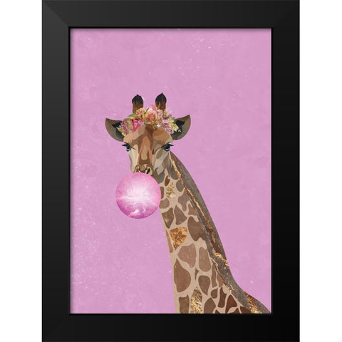 Pink giraffe bubble gum Black Modern Wood Framed Art Print by Manovski, Sarah