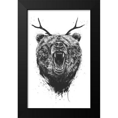 Angry Bear with Antlers Black Modern Wood Framed Art Print by Solti, Balazs