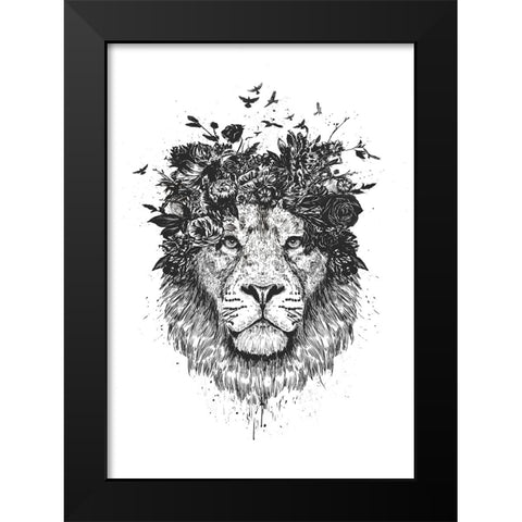 Floral lion (bw) Black Modern Wood Framed Art Print by Solti, Balazs