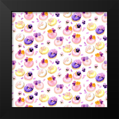Floral watercolor donuts pattern Black Modern Wood Framed Art Print by Laiz Blursbyai, Rosana