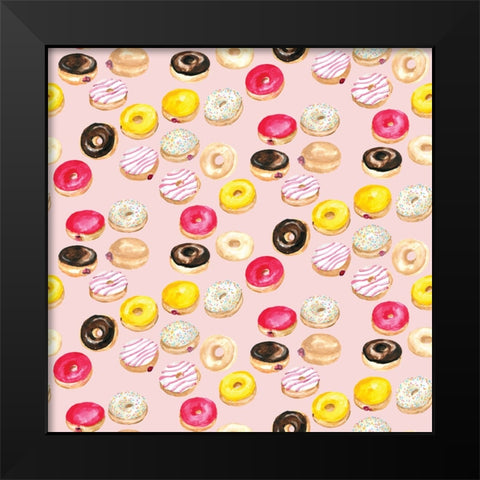 Watercolor donuts pattern in pink Black Modern Wood Framed Art Print by Laiz Blursbyai, Rosana