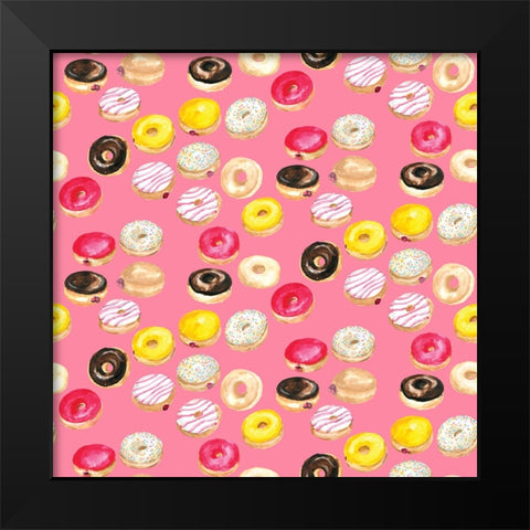 Watercolor donuts pattern in hot pink Black Modern Wood Framed Art Print by Laiz Blursbyai, Rosana