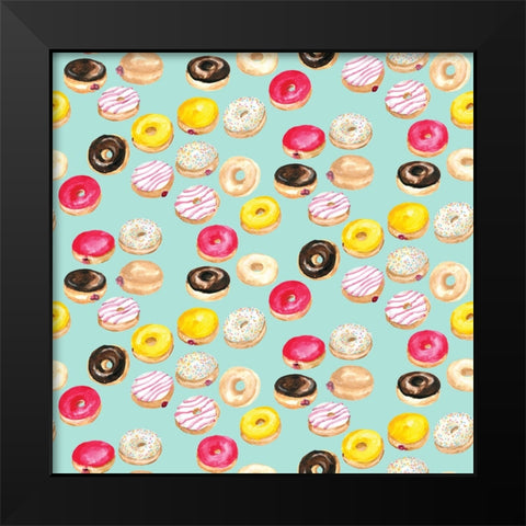 Watercolor donuts pattern in aqua Black Modern Wood Framed Art Print by Laiz Blursbyai, Rosana