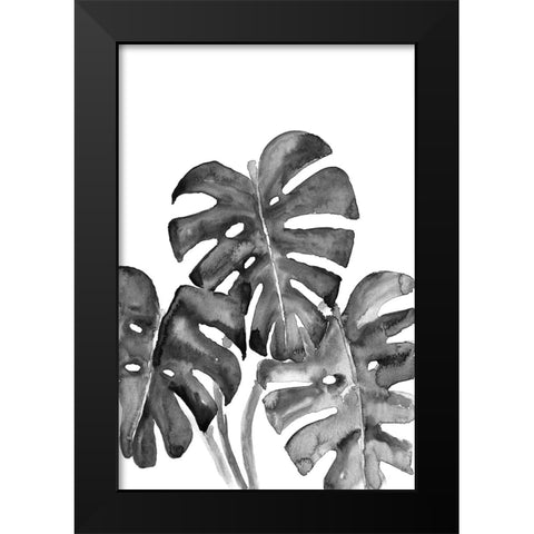 Monstera leaves in loose watercolor bw Black Modern Wood Framed Art Print by Laiz Blursbyai, Rosana