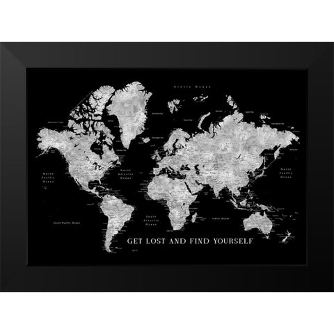 Baibah world map with cities - get lost Black Modern Wood Framed Art Print by Laiz Blursbyai, Rosana