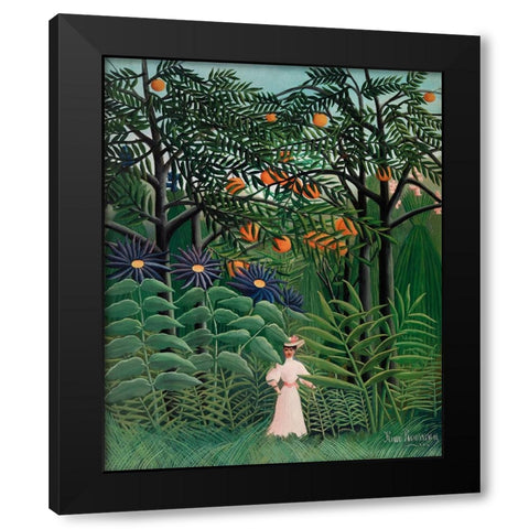 Femme Se Promenant Dans Une Foret Exotique Black Modern Wood Framed Art Print with Double Matting by Pictufy