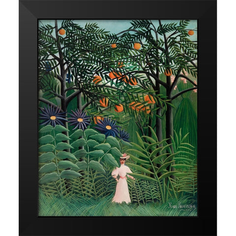 Femme Se Promenant Dans Une Foret Exotique Black Modern Wood Framed Art Print by Pictufy