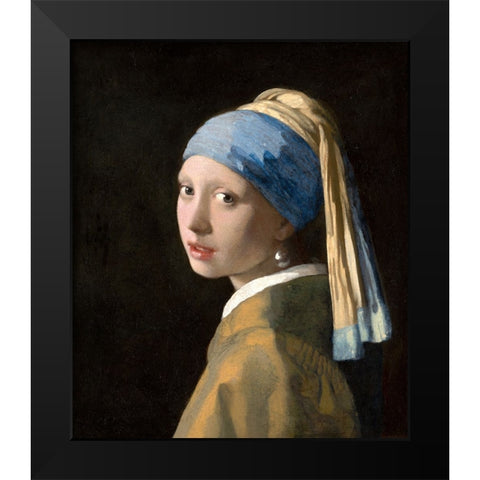 Girl with a Pearl Earring Black Modern Wood Framed Art Print by Pictufy
