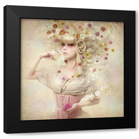 Girl Of The Flower Garden Black Modern Wood Framed Art Print with Double Matting by Murakami, Kiyo