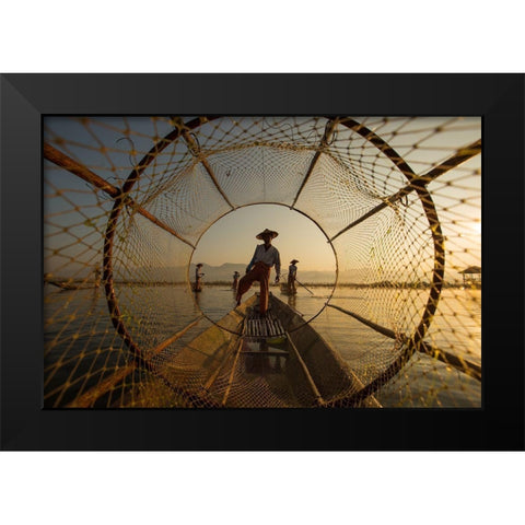 Inle Fisherman Black Modern Wood Framed Art Print by Song, Gunarto
