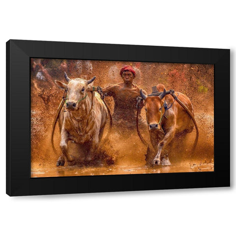 The Red Hat Black Modern Wood Framed Art Print by Hendriko, Media