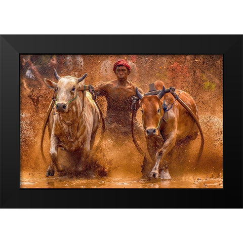 The Red Hat Black Modern Wood Framed Art Print by Hendriko, Media