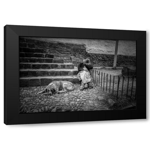 Portrait Of A Woman And Her Dog Black Modern Wood Framed Art Print by Faber, Wave