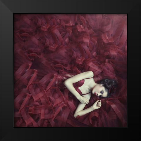 Red Blossom Black Modern Wood Framed Art Print by Hardibudi