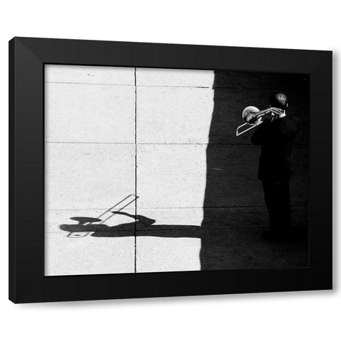 Trombone Player Black Modern Wood Framed Art Print with Double Matting by Wang, Jian