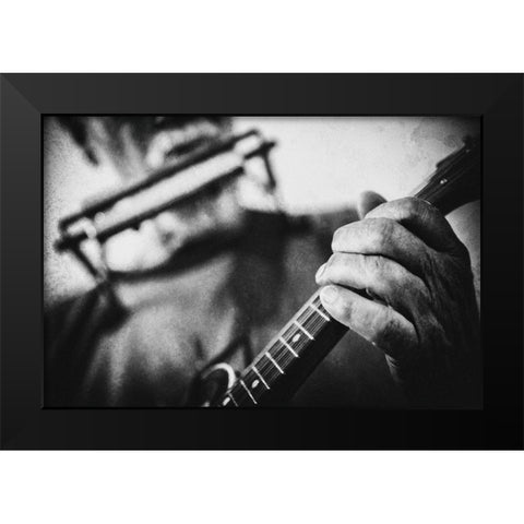 Wolf With Mandolin And Harmonica Black Modern Wood Framed Art Print by Schleicher-Schwarz, Roswitha