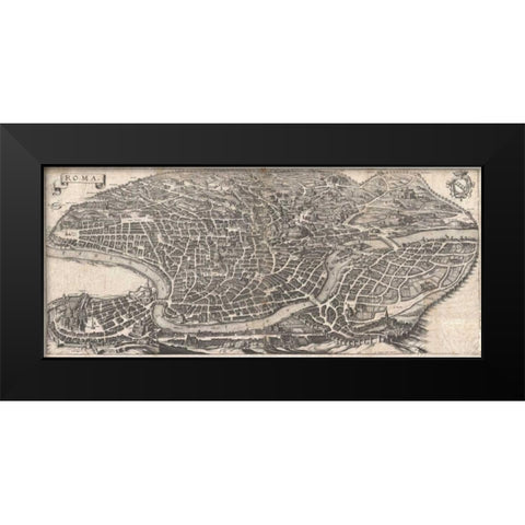 Panoramic View of Rome Black Modern Wood Framed Art Print by Merian, Matheus