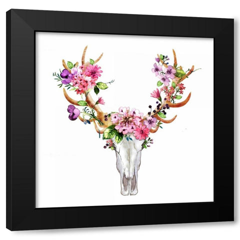 Rustic Deer Skull with Flowers Black Modern Wood Framed Art Print by Atelier B Art Studio