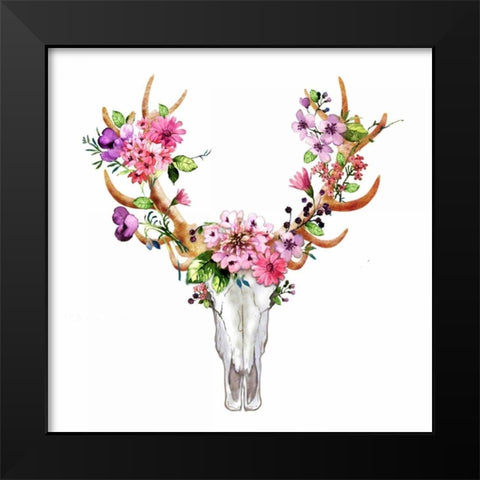 Rustic Deer Skull with Flowers Black Modern Wood Framed Art Print by Atelier B Art Studio